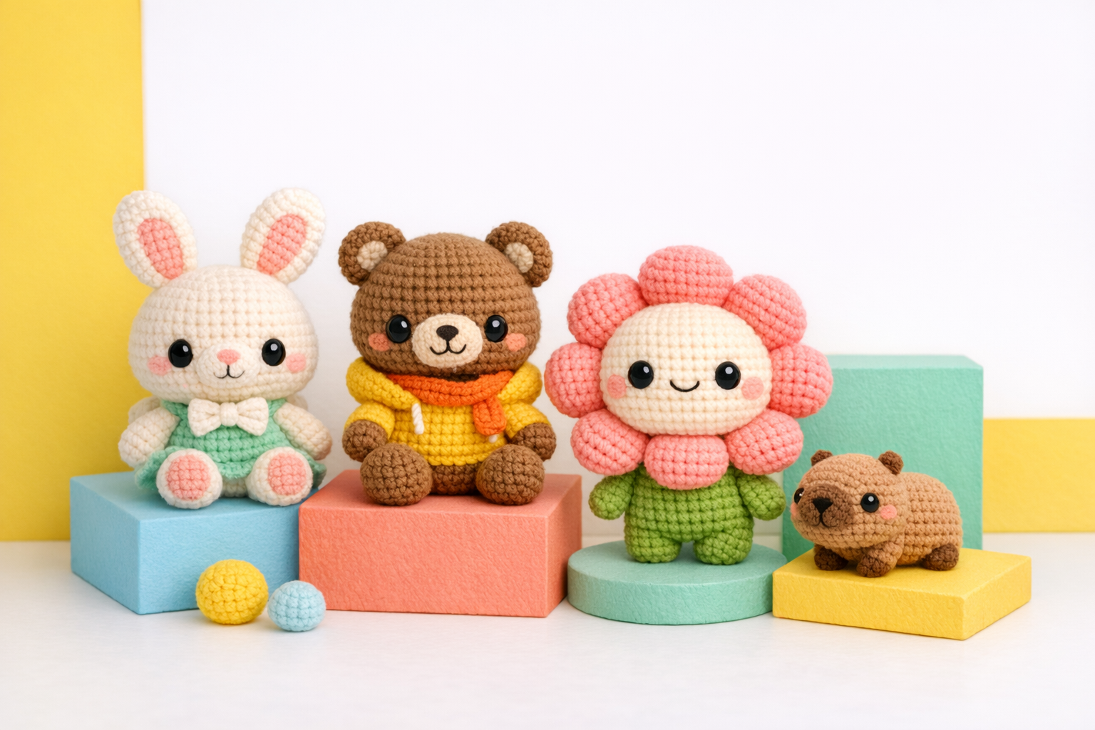 Cole&ccedil;&atilde;o de amigurumis em display colorido de loja