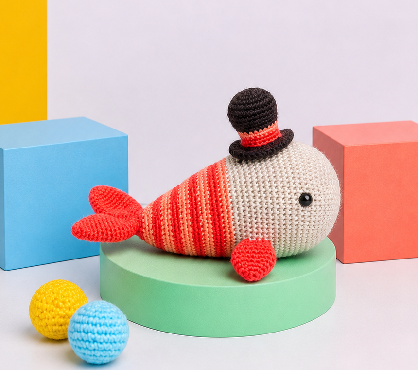 Baleia de chap&eacute;u em amigurumi